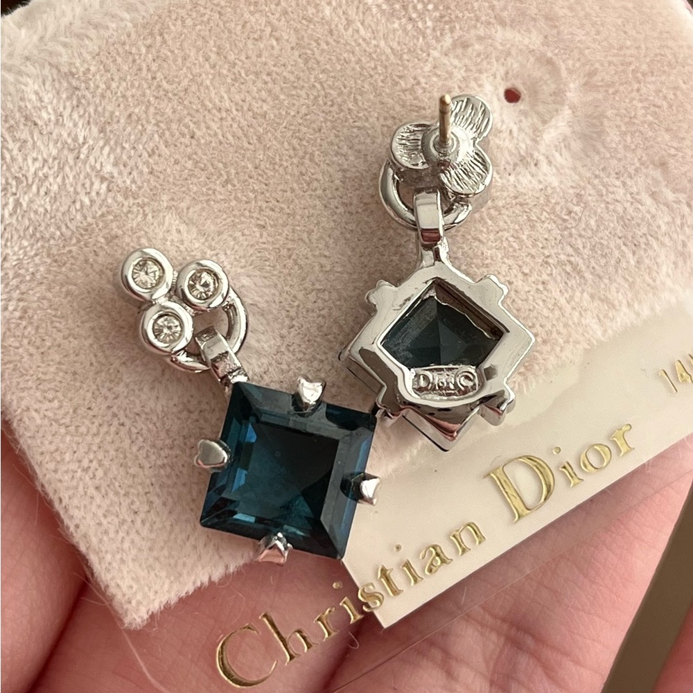 Vintage NWT Christian Dior Blue Rhinestone Dangle Silver 14k Gold Post Earrings - Picture 9 of 9